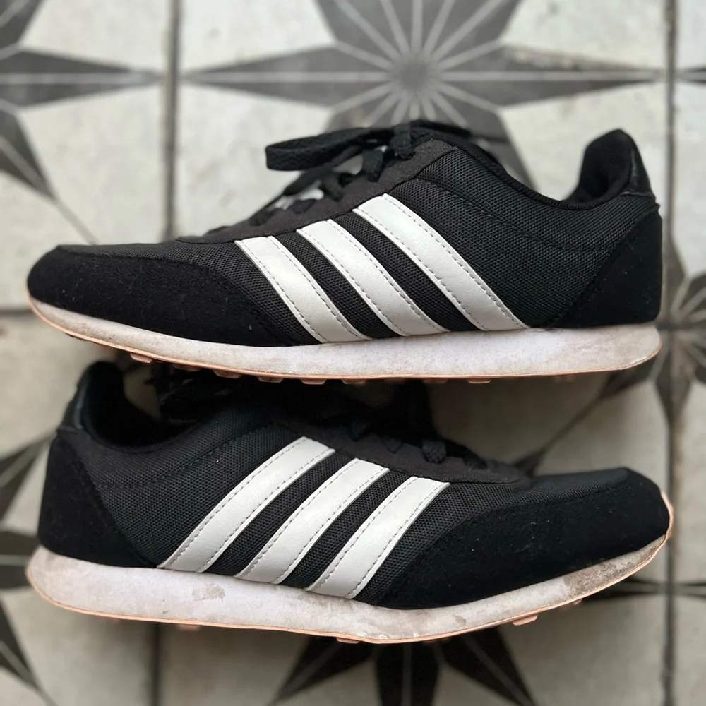 Adidas Dark Gray Sneakers with Pink Accents & Signature White Stripes - Picture 5 of 6